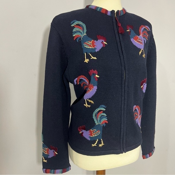 Vintage cotton knit cardigan sweater chickens roosters embroidered country chic - Picture 7 of 11